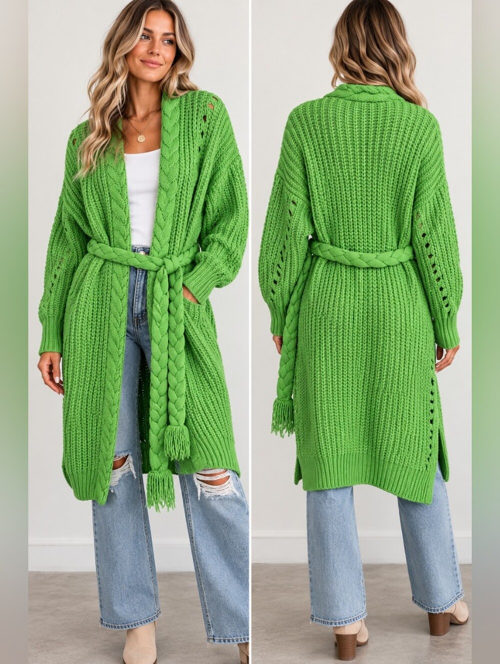 FARM Rio Charlie Oversized Green Cable Knit Belted Cardigan Size S